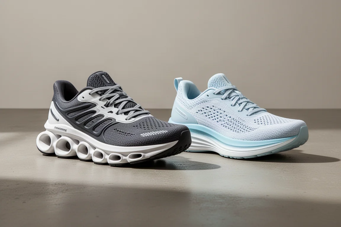On Cloudmonster and Asics Novablast 3 running shoes side by side on concrete