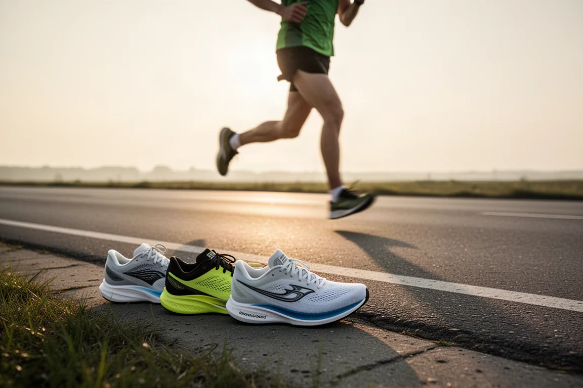 Coureur avançant sur une route dégagée à l'heure dorée, trois chaussures de running au premier plan