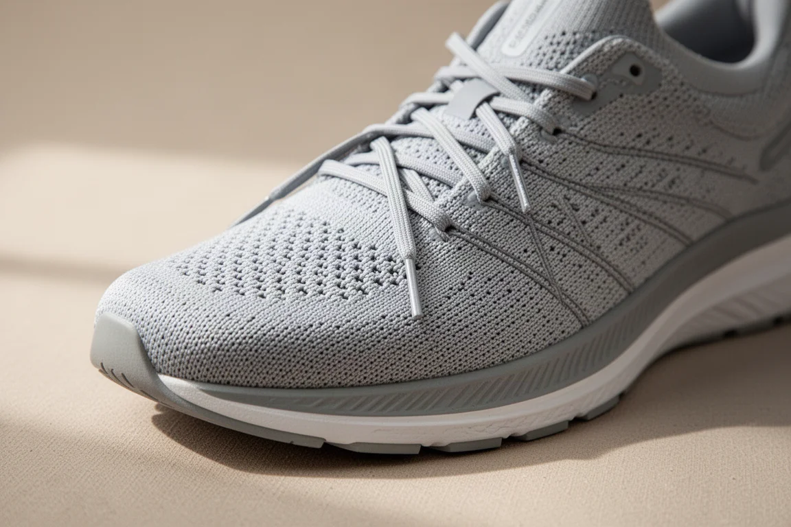 Très gros plan sur la tige en maille d'une chaussure de running avec un laçage oblique au-dessus de la boîte à orteils
