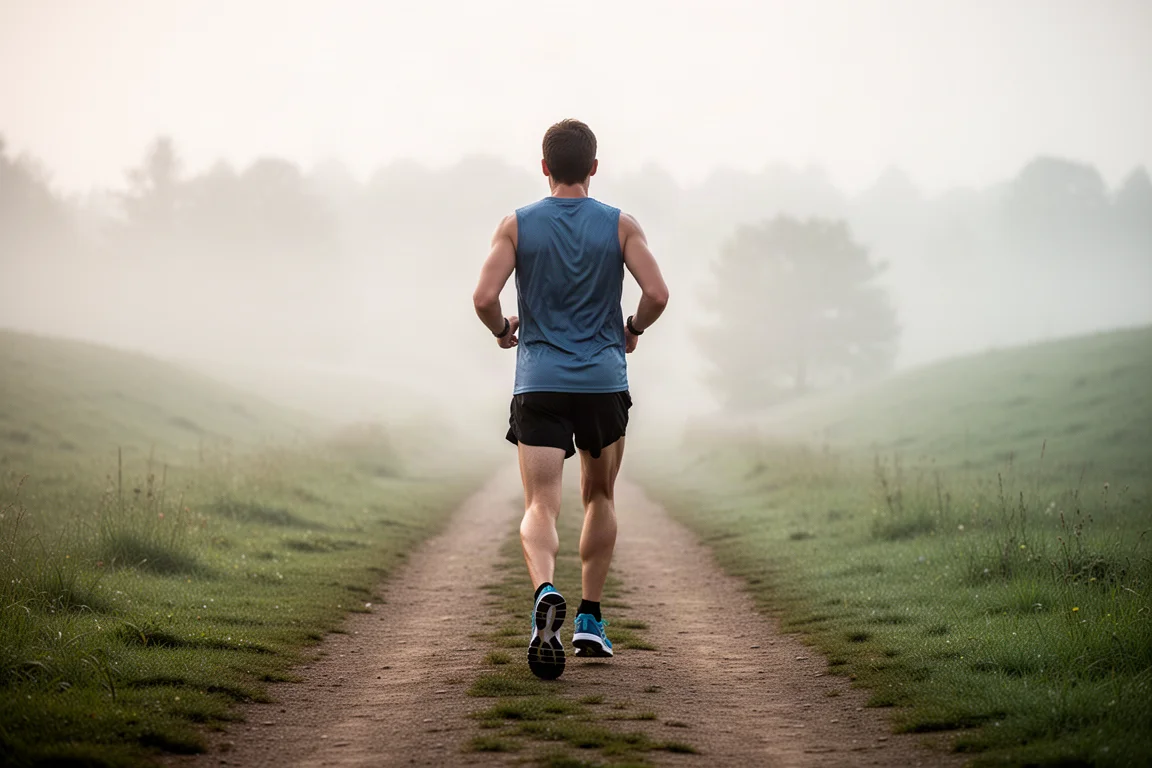 Coureur vu de dos au départ d'un sentier brumeux tôt le matin