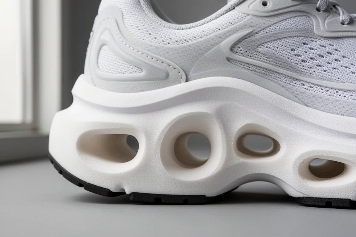 Corredor en una cinta de correr en un gimnasio luminoso con zapatillas amortiguadas