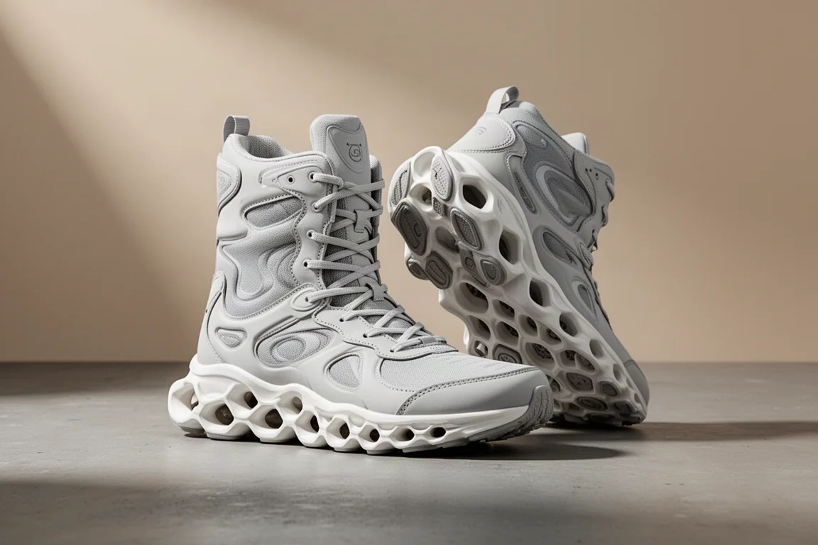 Pair of tall chunky running shoes with sculpted midsole cavities on concrete