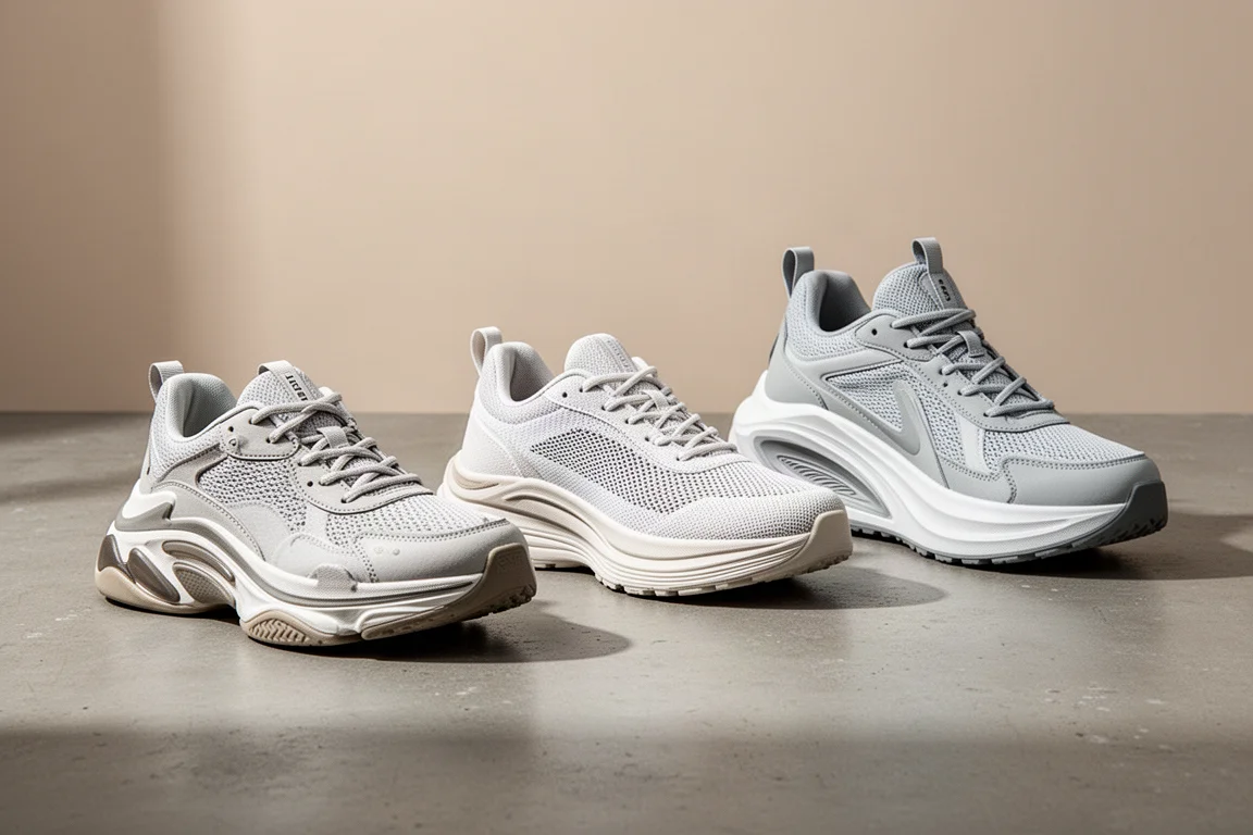 Three On cushioned daily trainer running shoes lined up on a concrete surface