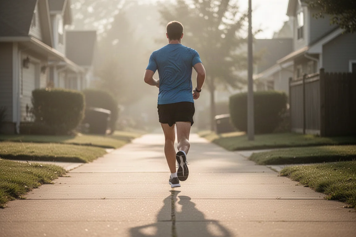 Runner setting out on an easy morning run on quiet pavement