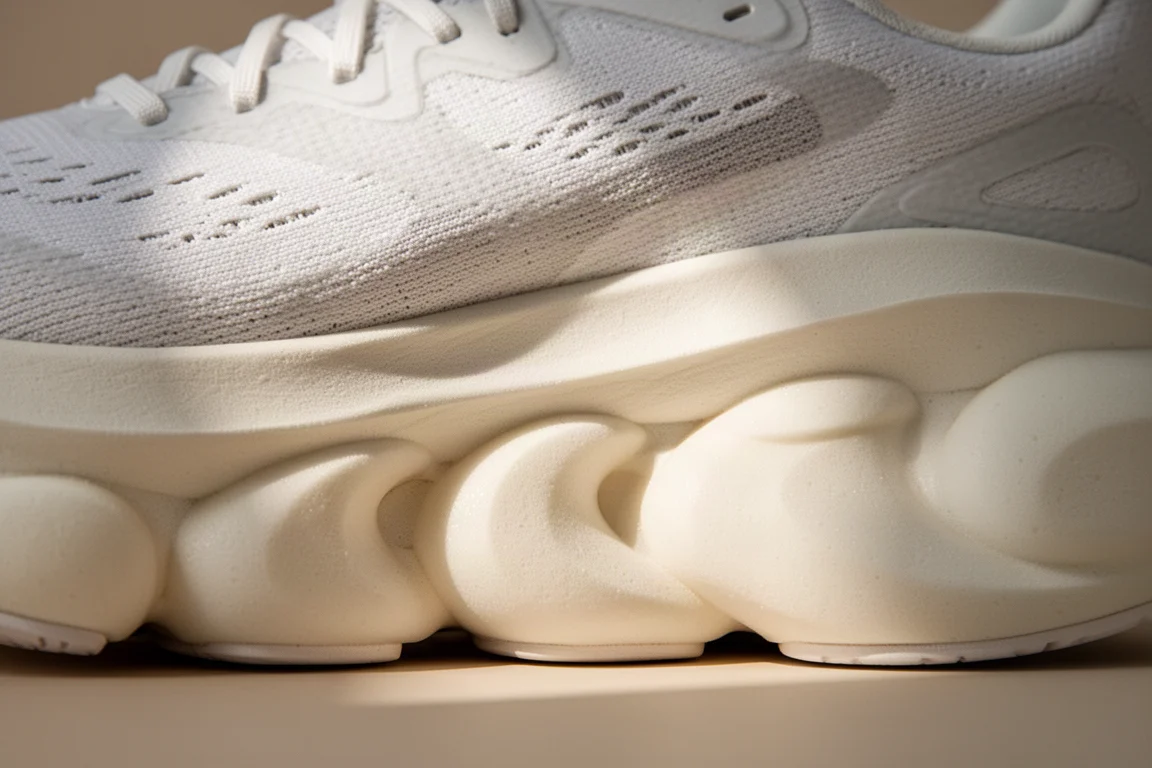 Close-up of a thick cushioned running shoe midsole with large foam pods