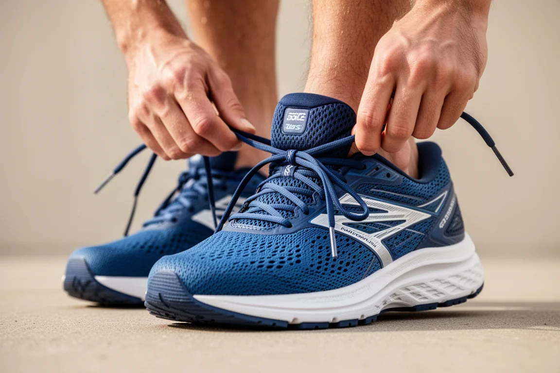 Close-up of a runner's feet tying laces on a blue daily trainer