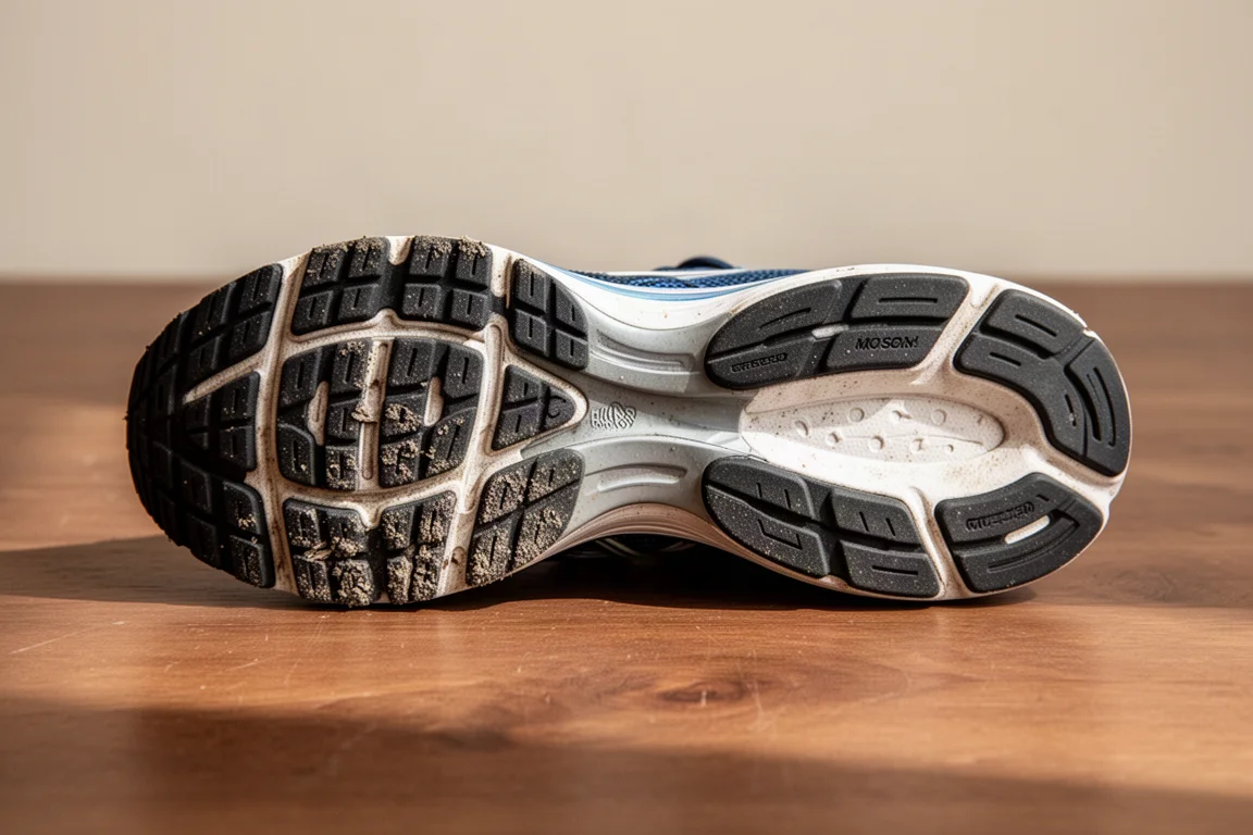 Worn outsole of a running shoe showing tread wear on a flat surface
