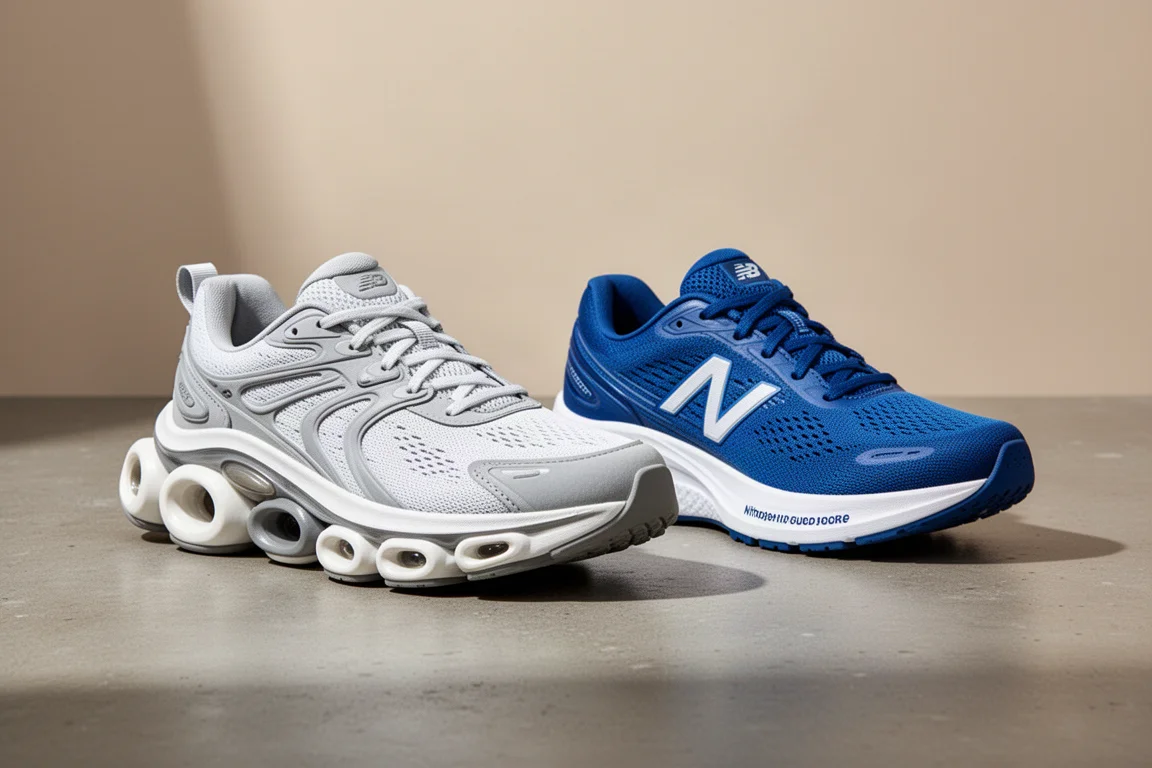 Two running shoes side by side on concrete, one maximalist and one daily trainer