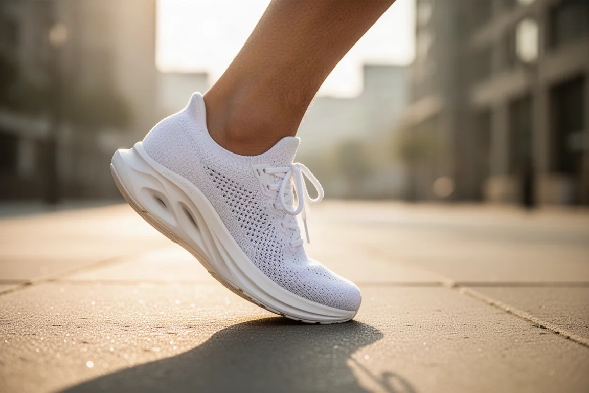 Läufer schnürt einen weißen Stricklaufschuh, bevor er an einem sonnigen Morgen losgeht