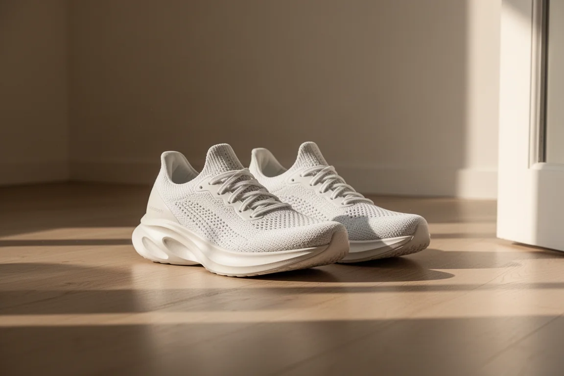 Paar weißer Laufschuhe nach dem Laufen neben einer Tür lehnend
