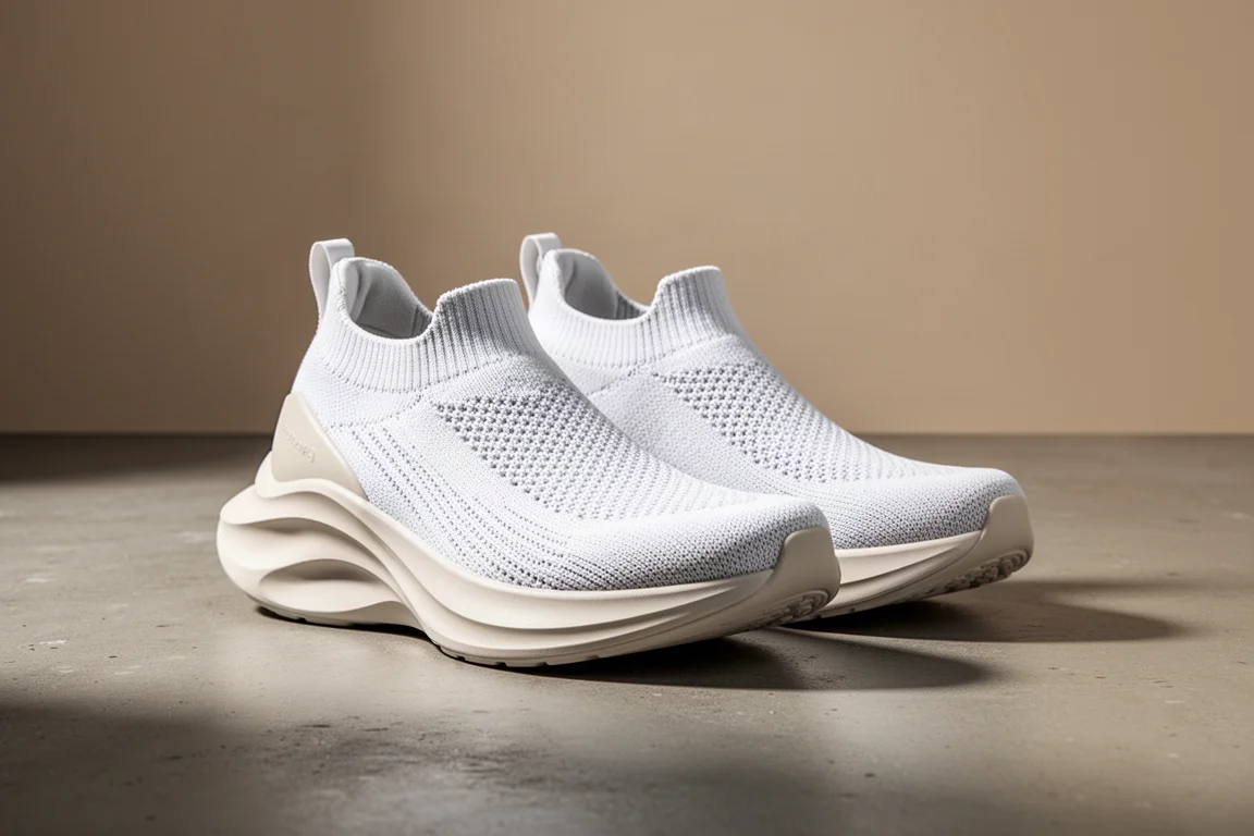 Pair of white knitted running shoes with sculpted foam midsoles on concrete