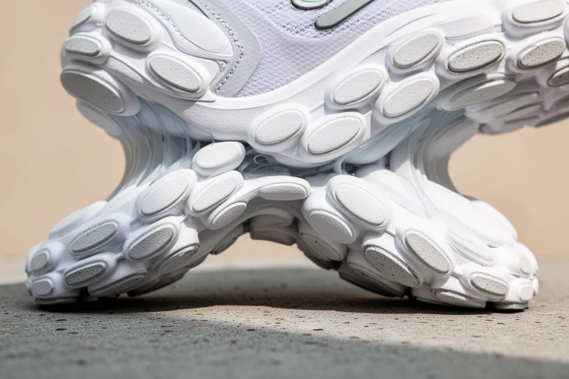 Close-up van een tussenzool van een hardloopschoen met holle cloud-dempingspods