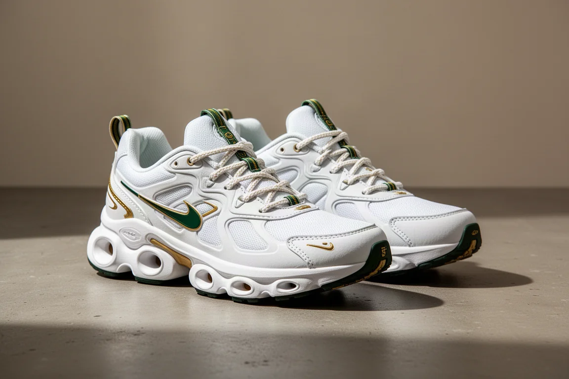 Pair of white and green running shoes with cloud-shaped midsole pods on concrete