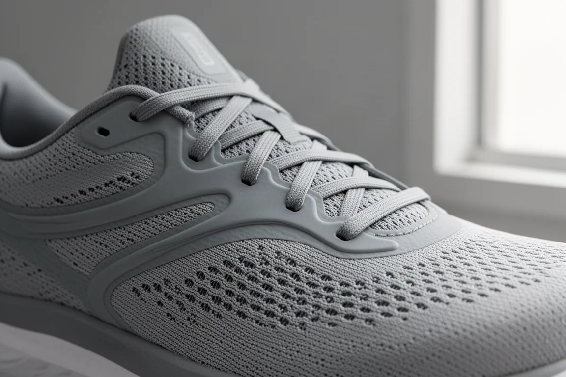 Gros plan sur l'emmesh technique et les empiècements soudés d'une chaussure de running
