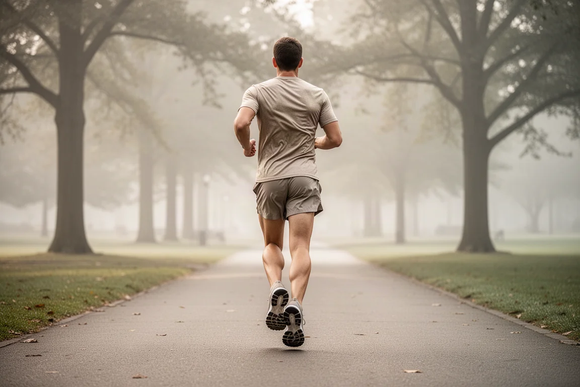 Coureur sur un chemin pavé dans la douce lumière du matin avec une chaussure très amortie