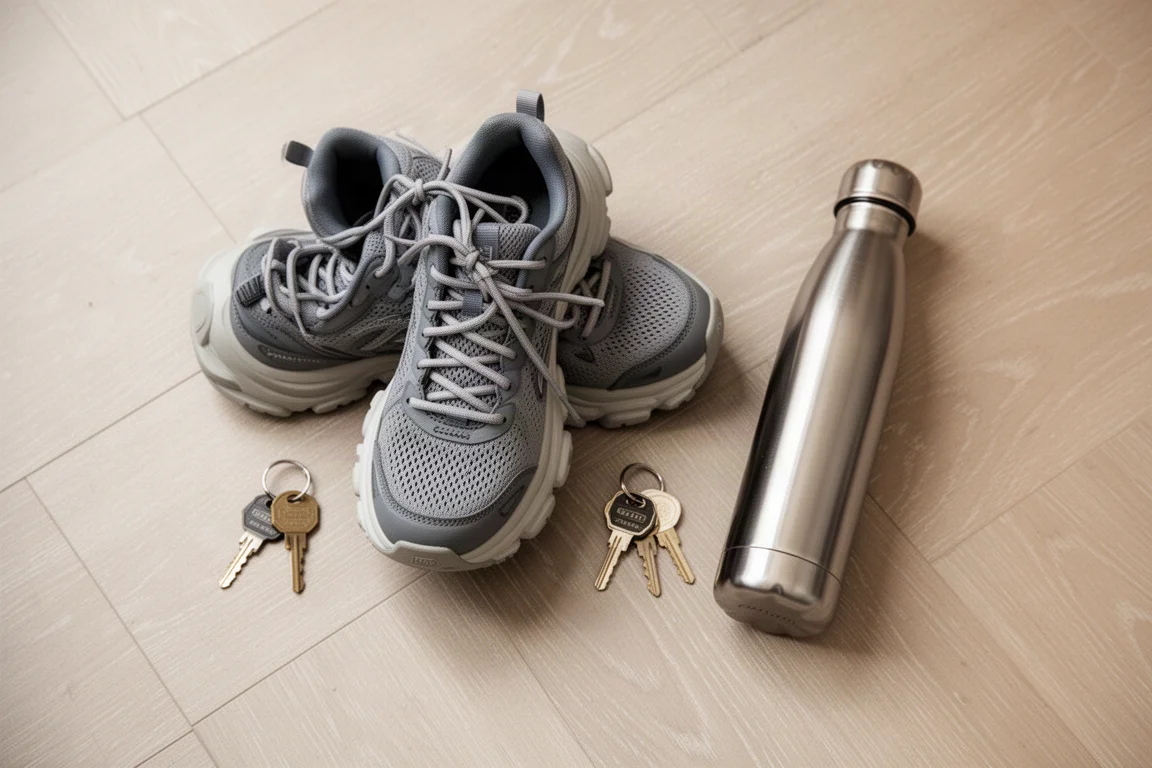 Chaussures de running posées à plat avec des clés et une gourde sur un plancher de bois