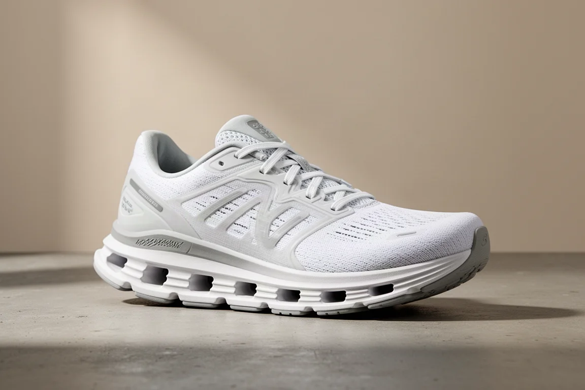 On Cloudstratus white running shoe with cloud-shaped midsole on concrete