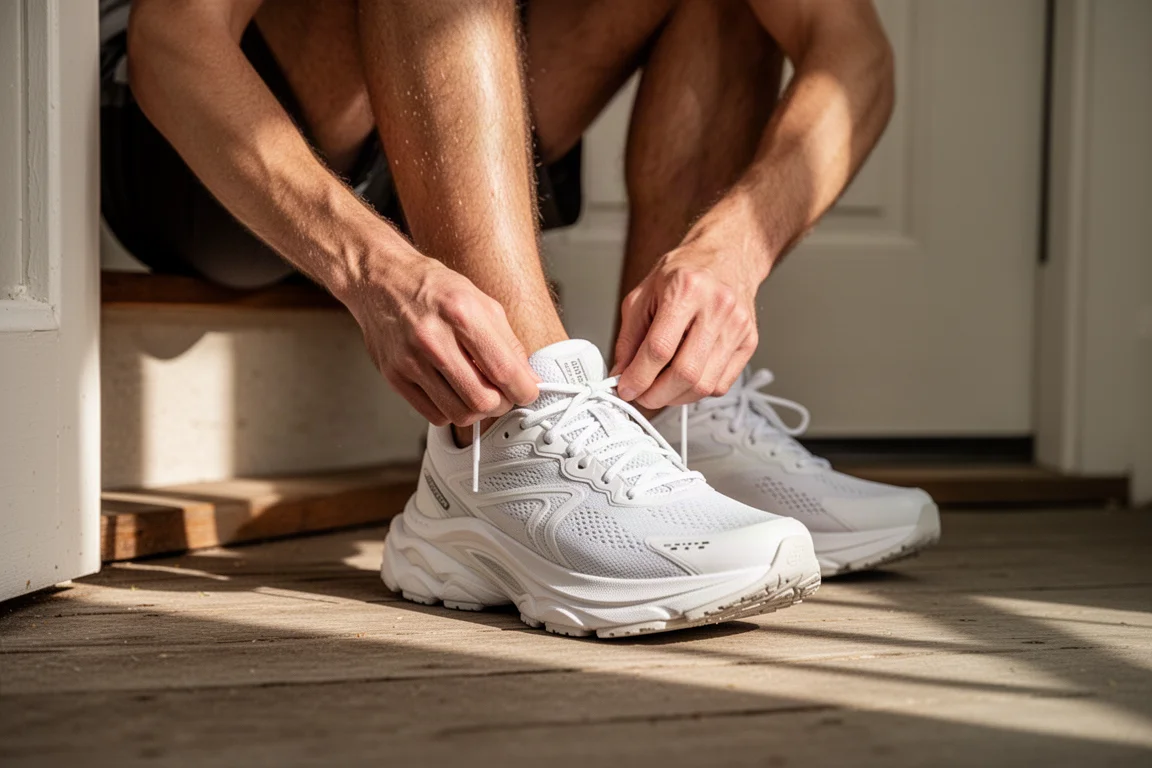 Runner lacing up a cushioned road running shoe on a doorstep before an easy run