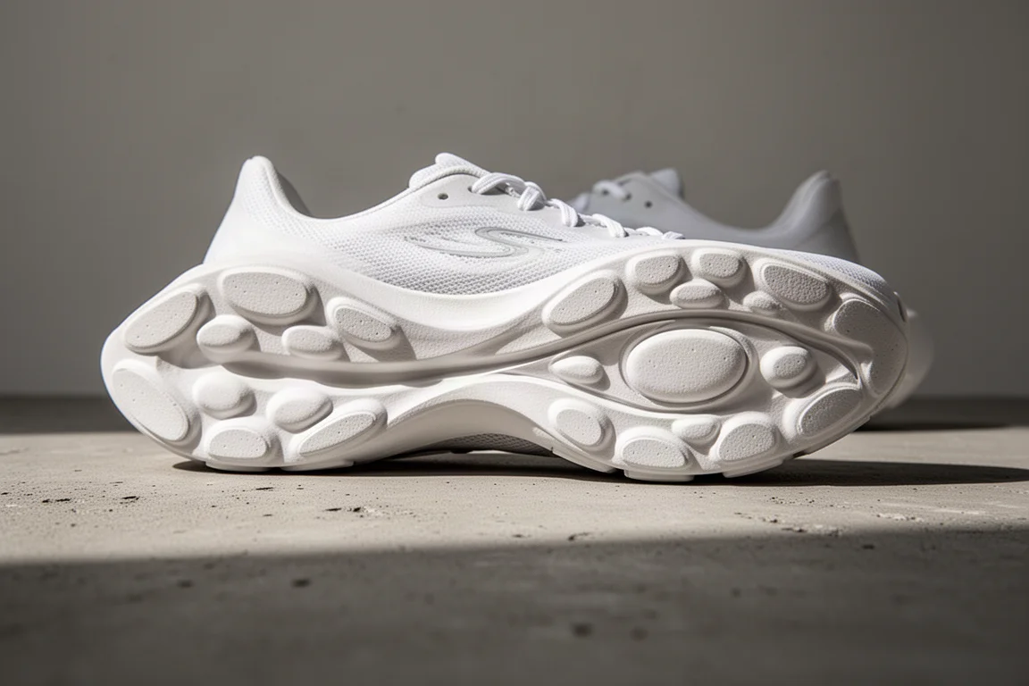 Close-up of a sculpted cushioning midsole with a rocker shape on a concrete surface