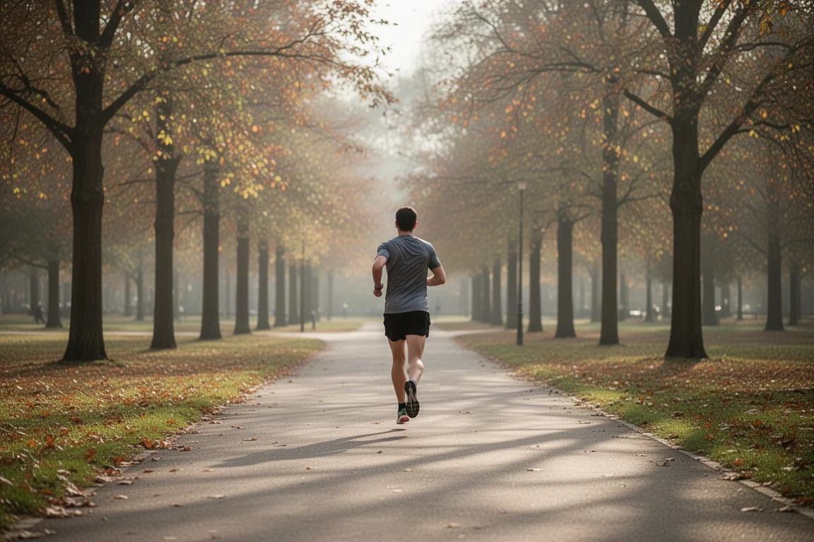 Runner logging easy miles on an open park path in soft afternoon light