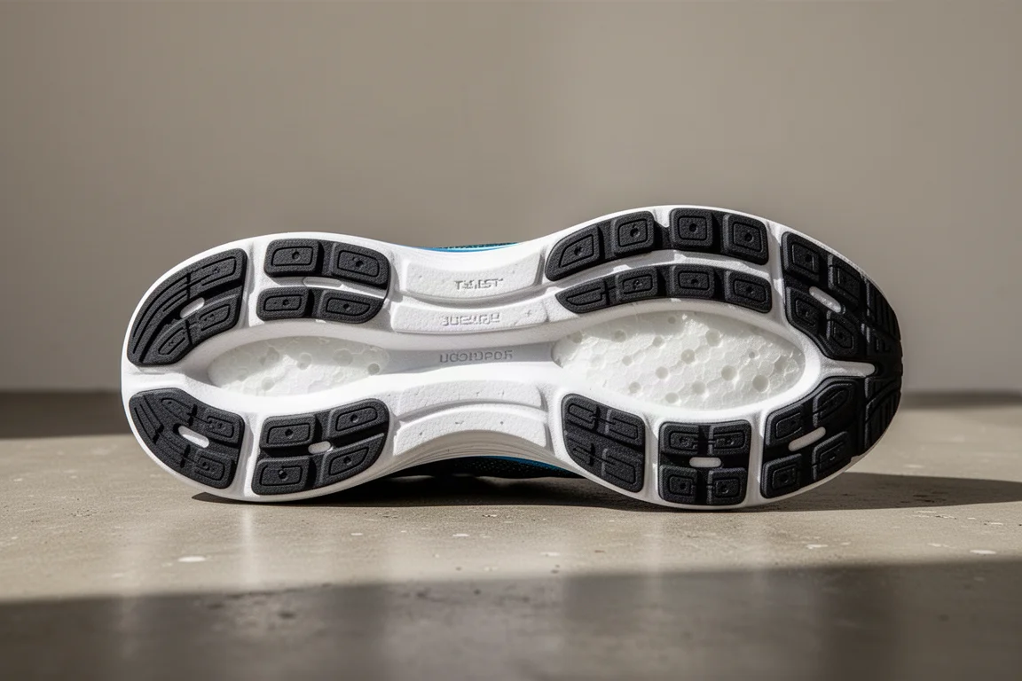 Rubber outsole of a running shoe showing minimal wear after road mileage