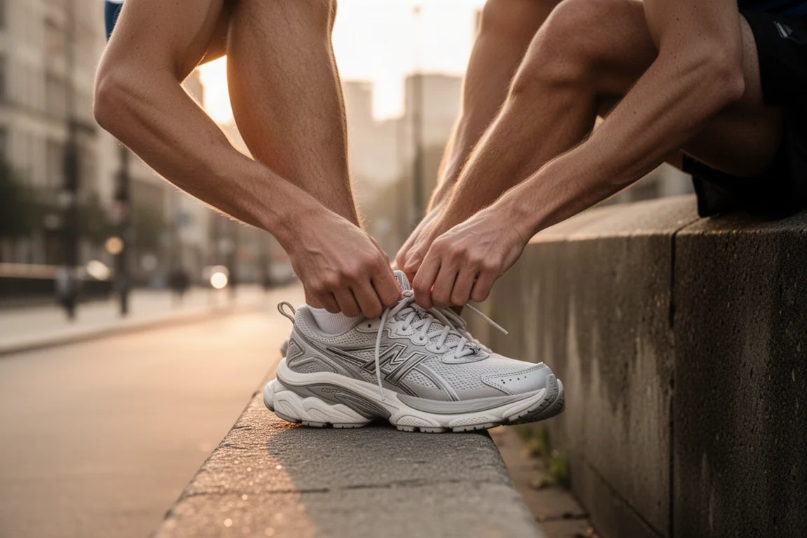 Läufer schnürt die Schnürsenkel eines plush gedämpften Laufschuhs vor dem Morgenlauf