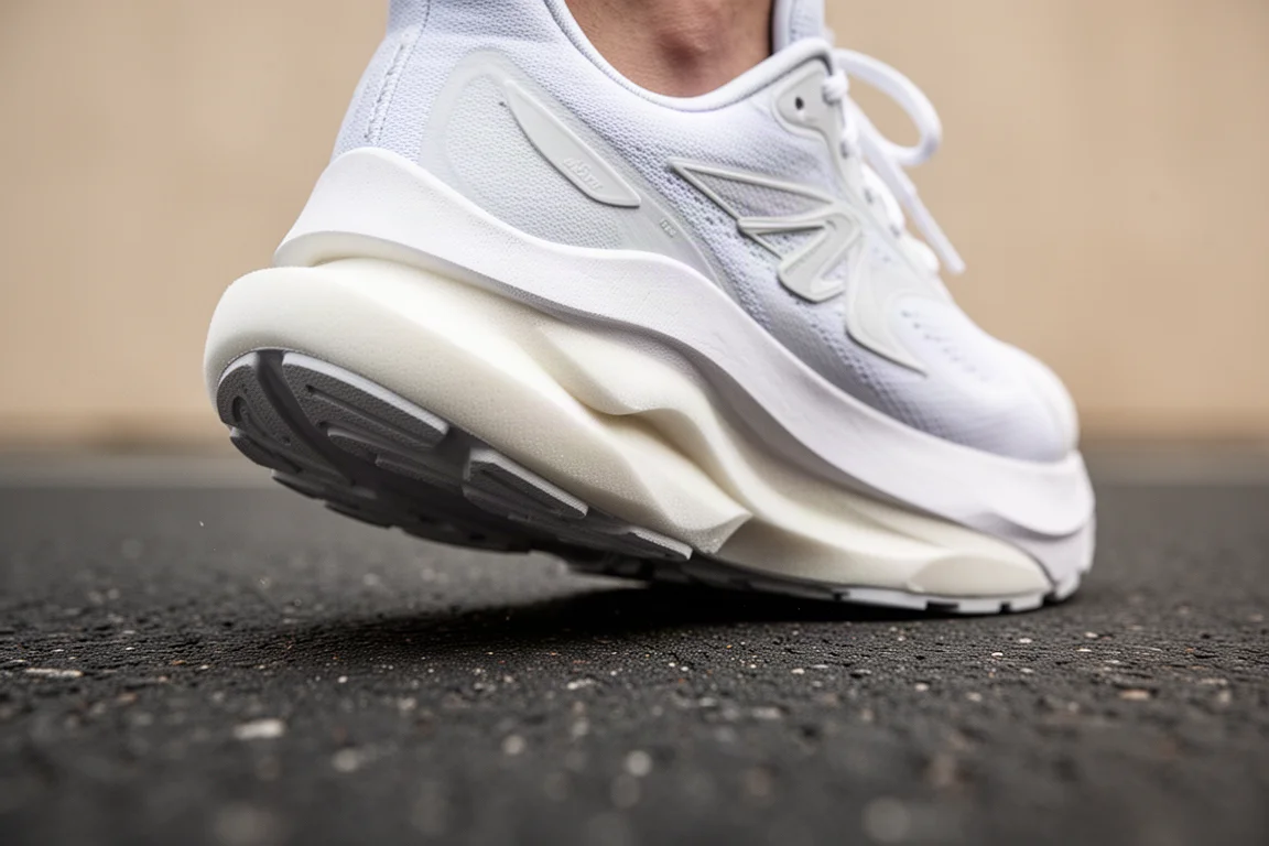 Nahaufnahme einer weichen weißen Laufschuh-Mittelsohle, die sich auf glattem Asphalt zusammenpresst