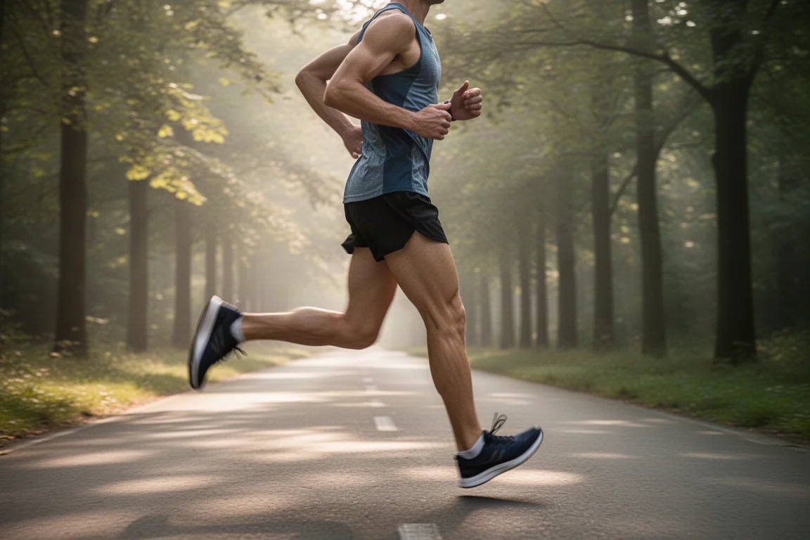 Läufer joggt in gemächlichem Tempo auf einem ruhigen, baumgesäumten Weg