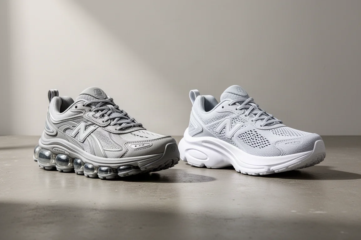 On Cloudstratus 3 and New Balance 1080 v13 running shoes side by side on concrete