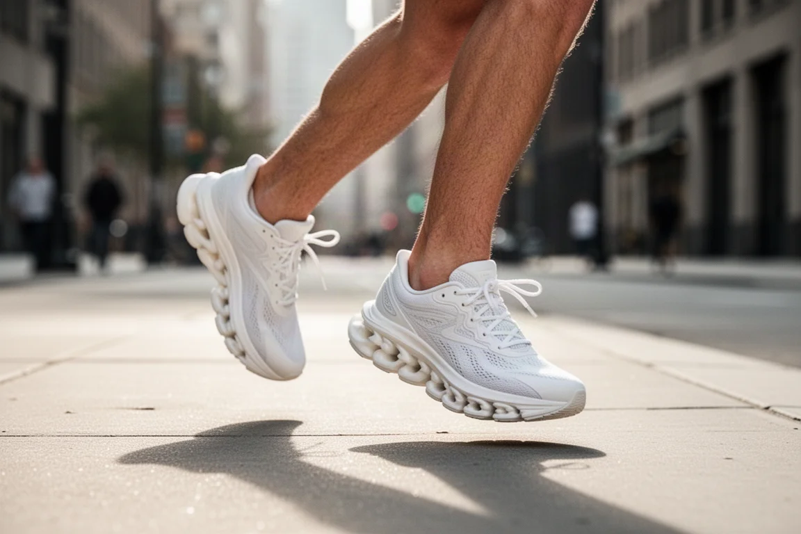 Voeten van een hardloper met witte, gedempte hardloopschoenen op een stoeptrottoir in de stad