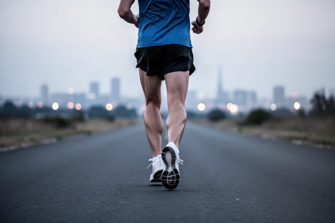 Hardloper die een rustig dagelijkse-trainingsritme aanhoudt op een stille verharde weg in de schemering