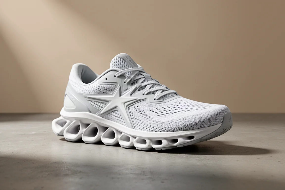 On Cloudstratus running shoe in white and grey on a concrete surface
