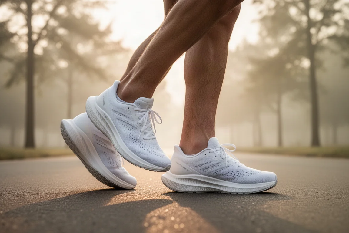 Un coureur lace une chaussure de running blanche sur un trottoir calme en banlieue, à la lumière du matin