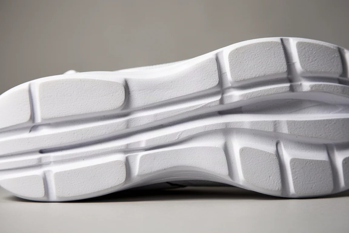 Gros plan sur la semelle intermédiaire d'une chaussure de running avec des canaux de mousse segmentée