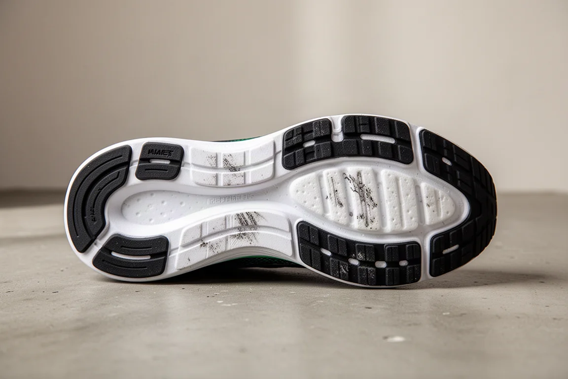 Gros plan sur la semelle extérieure usée d'une chaussure de running montrant les patches de caoutchouc au talon et à l'avant-pied