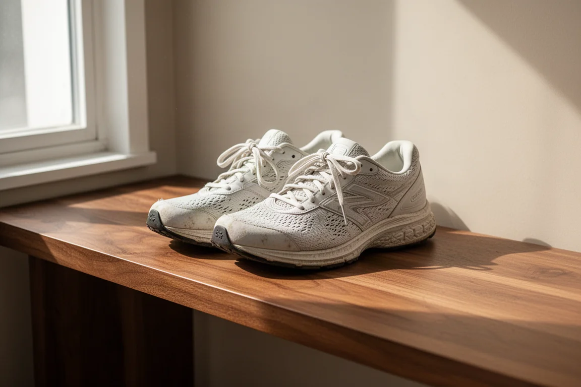 Paire de chaussures de running blanches posée sur un banc en bois dans une lumière douce