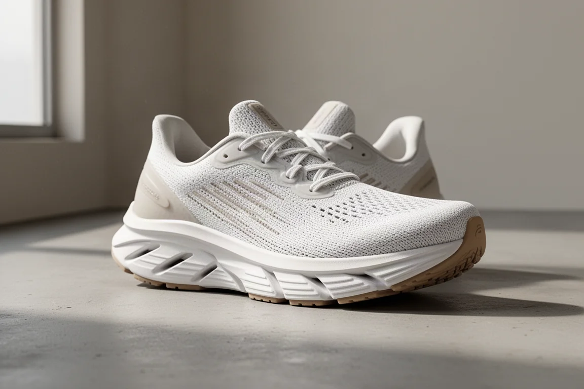 Weißer Laufschuh mit segmentiertem Schaumstoff-Zwischensohlen auf grauem Betonboden