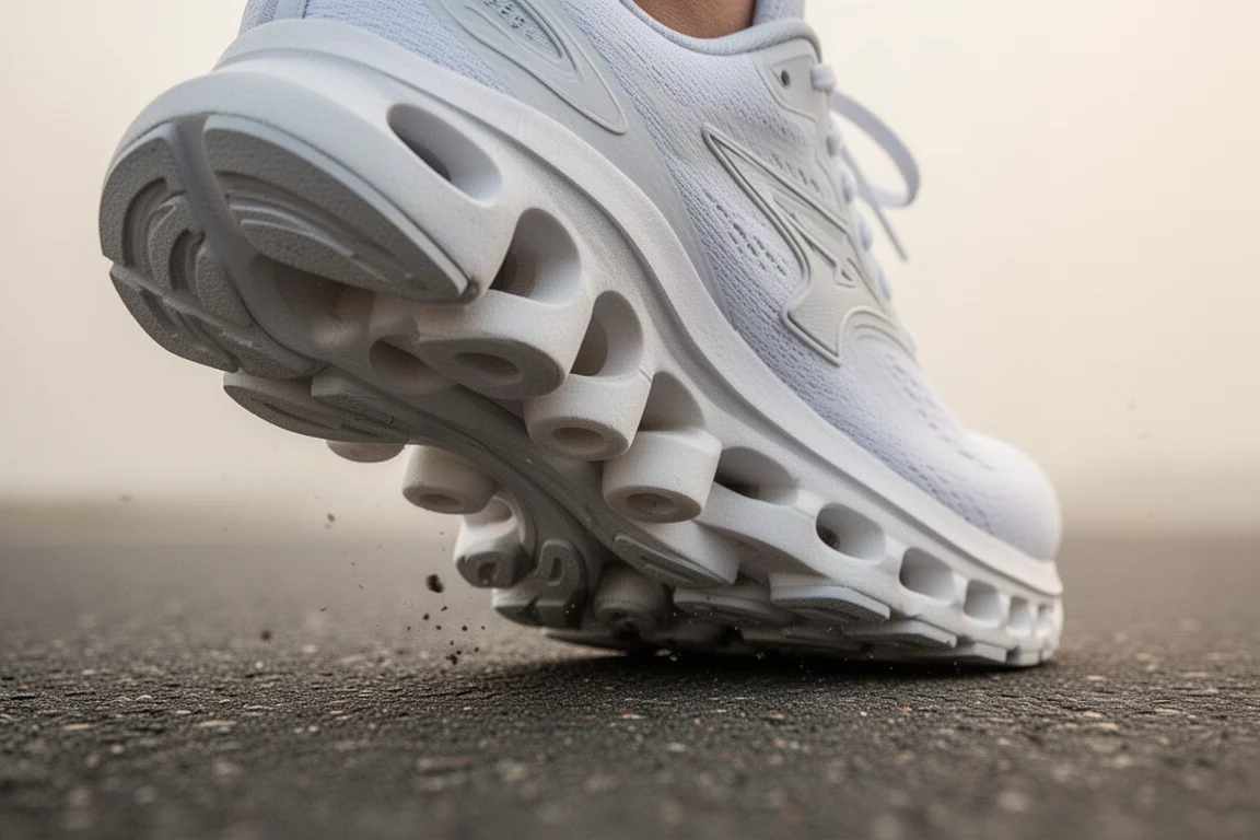 Runner lacing up a neutral daily trainer on a quiet city sidewalk at sunrise