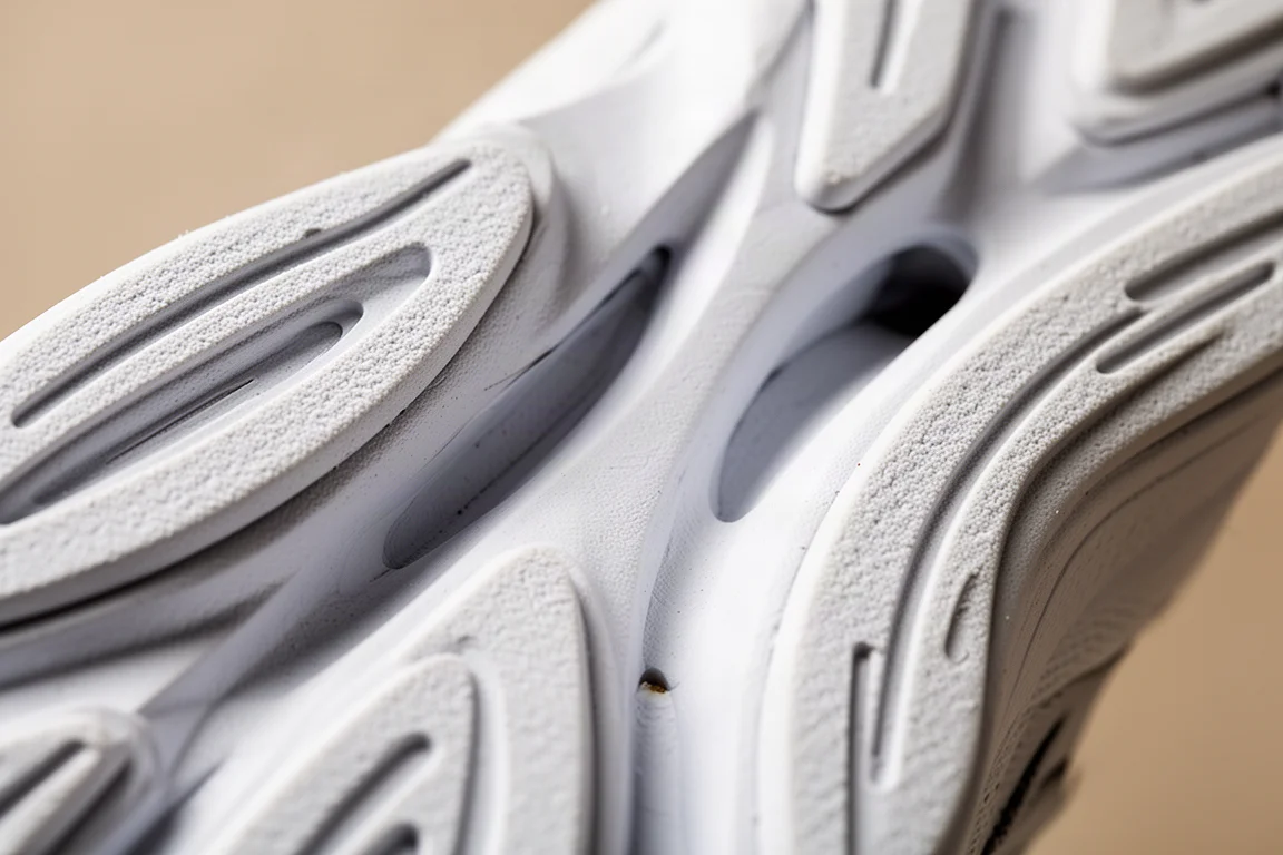 Sole of a running shoe showing diagonal foam pods and a rubber outsole
