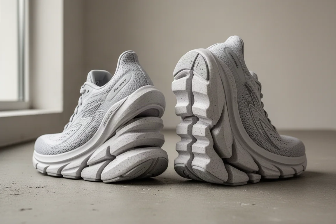 Close-up of sculpted foam midsoles of two cushioned running shoes side by side