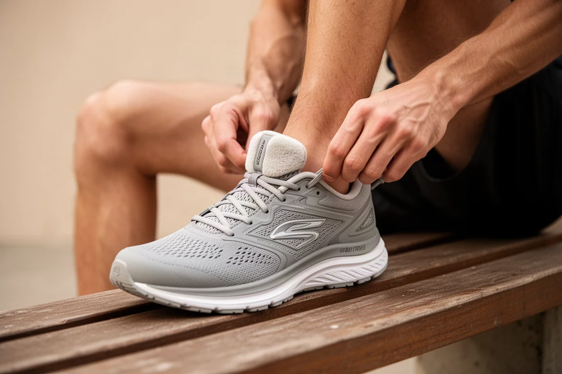 Runner adjusting the padded tongue and heel collar of a running shoe