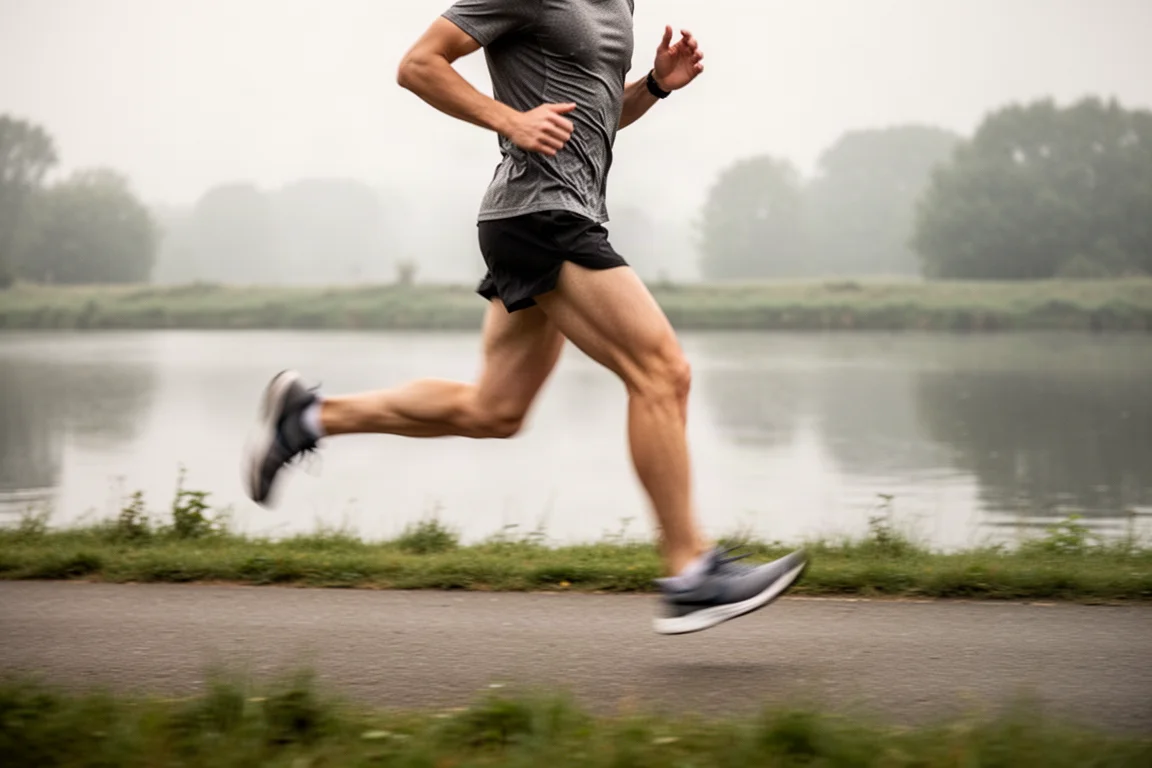 Runner cruising along a canal path in soft morning light
