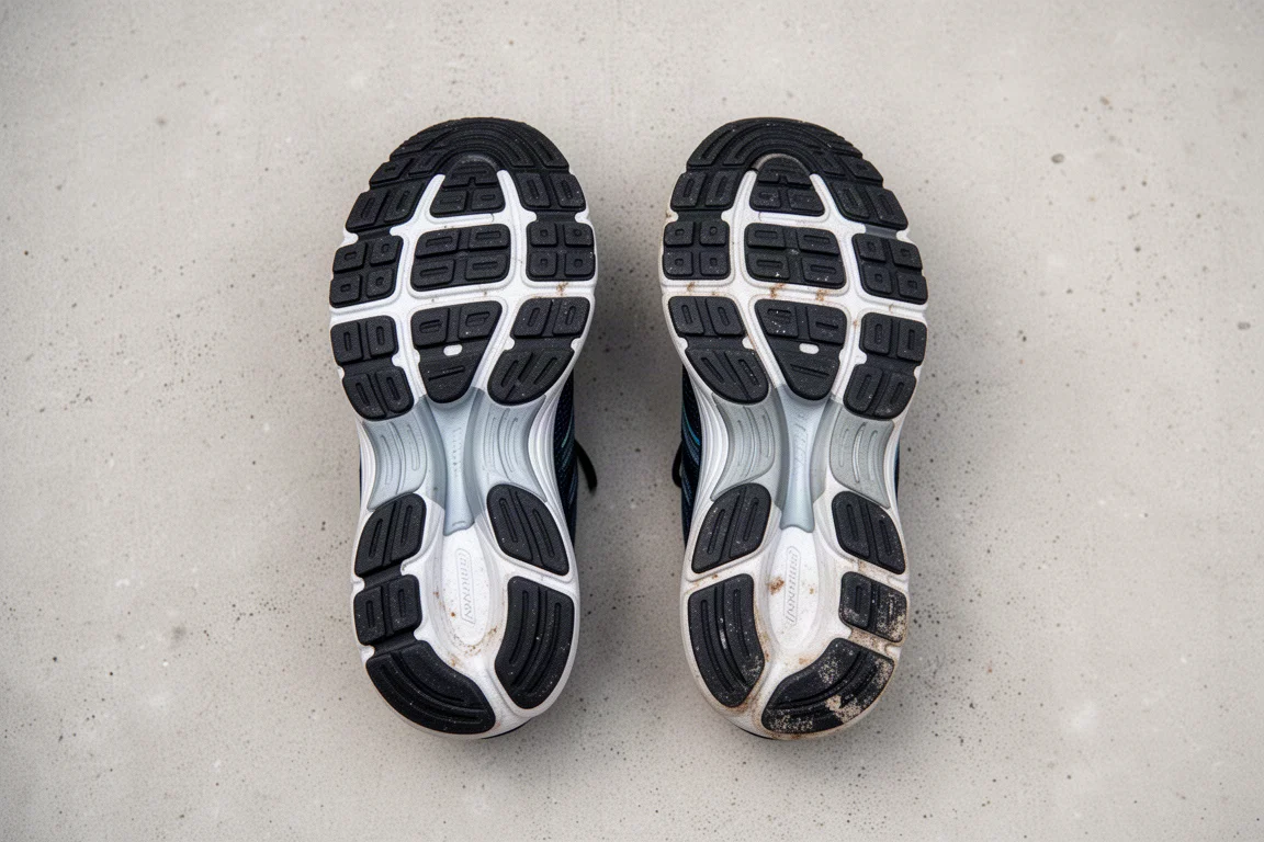 Outsoles of two running shoes showing rubber coverage and wear patterns