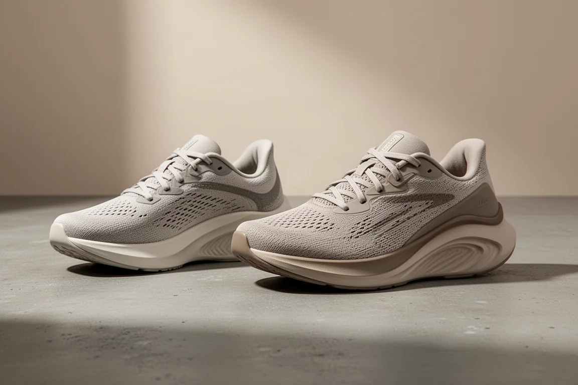Two cushioned On running shoes side by side on a concrete surface
