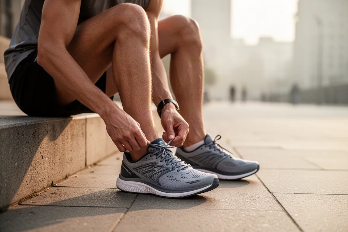 Runner lacing up cushioned daily trainers on a city pavement at sunrise