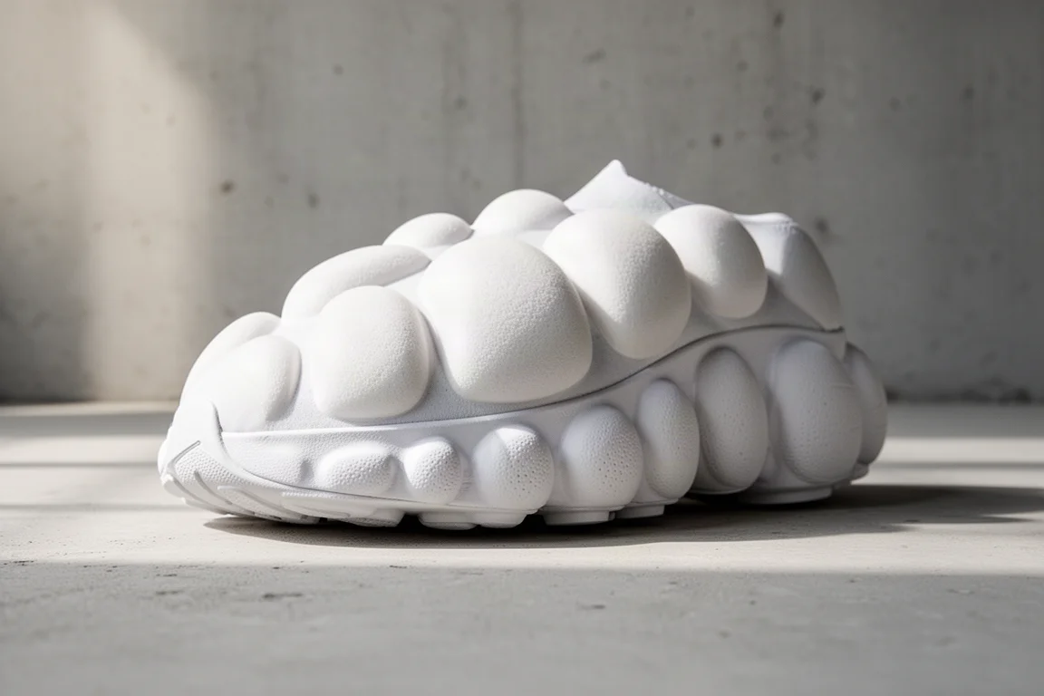 Close-up of the domed foam midsole elements on a cushioned running shoe