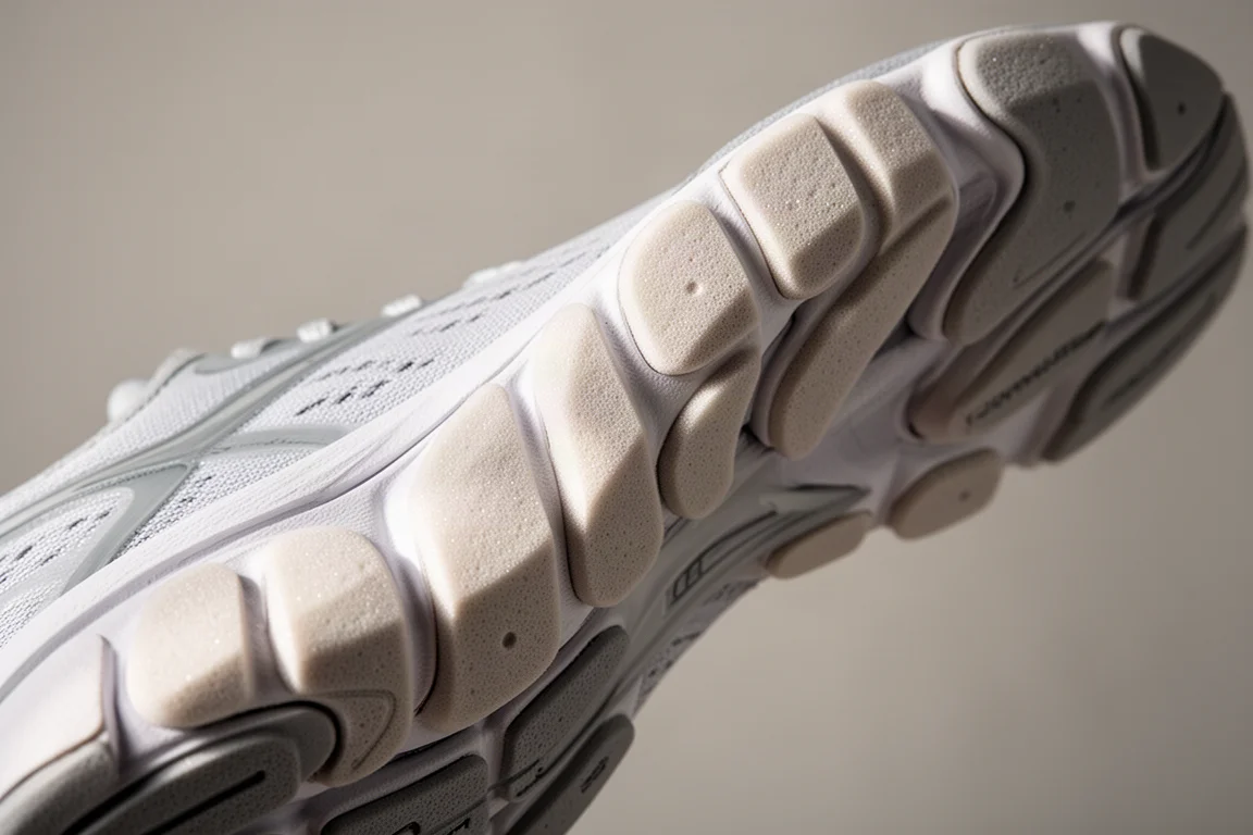 Close-up of a segmented running shoe midsole showing cushioning elements