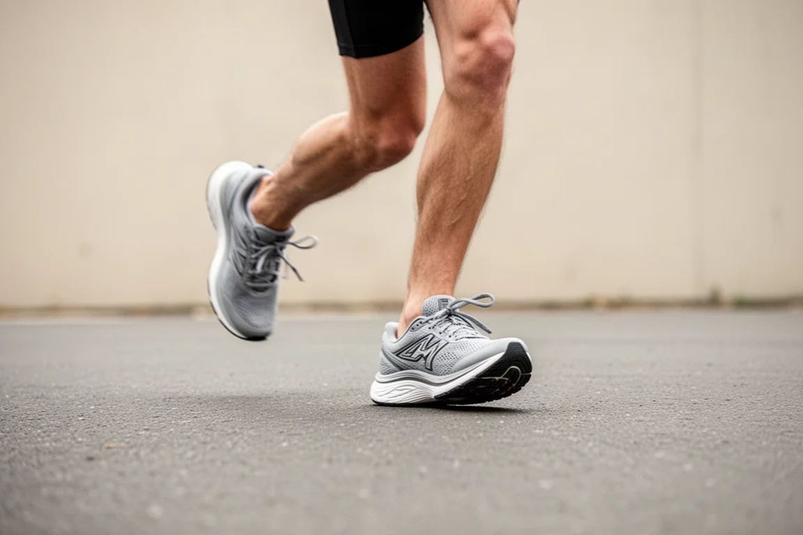 Runner's feet in cushioned shoes on flat asphalt during an easy run