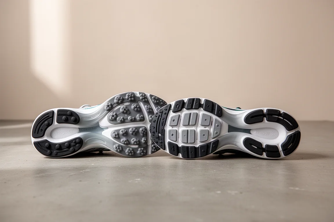 Worn outsoles of two running shoes compared on a studio surface
