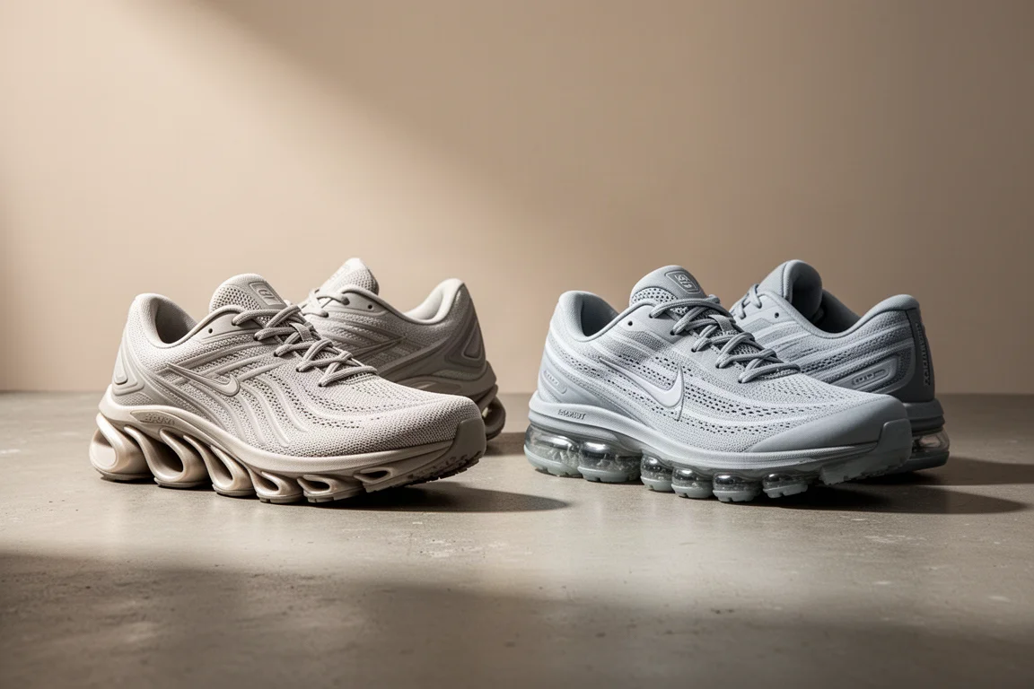 Two pairs of neutral daily trainer running shoes side by side on concrete